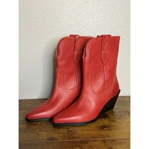 Free People Red Pitchfork Point Western Leather Boots Cowgirl Booties Size 8.5